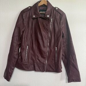 Guess Moto Jacket Womens Large Burgundy Faux Leather Pocket Zipper Retro‎ Biker